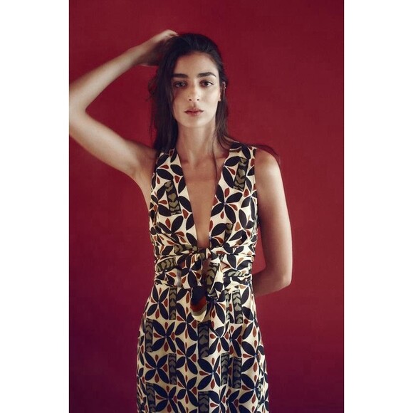 ZARA Maxi PRINTED DRESS WITH CUT-OUT DETAIL SZ S moroccan Print Tropical Sundres - Picture 7 of 8